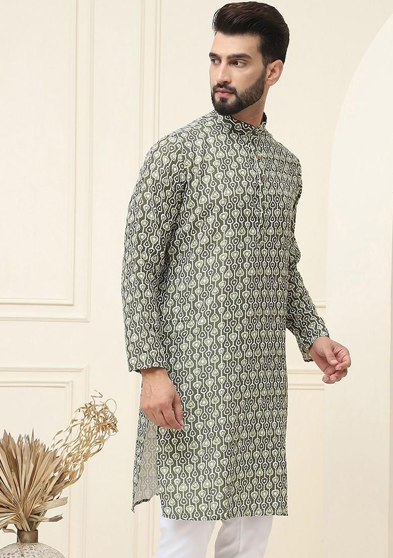Green Ethnic Motifs Cotton Kurta For Men