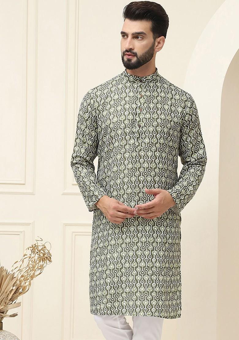Green Ethnic Motifs Cotton Kurta For Men