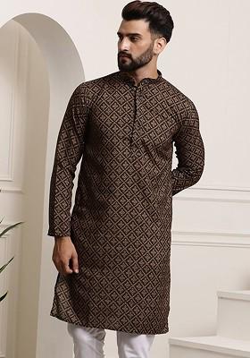 Black Ethnic Motifs Cotton Kurta For Men