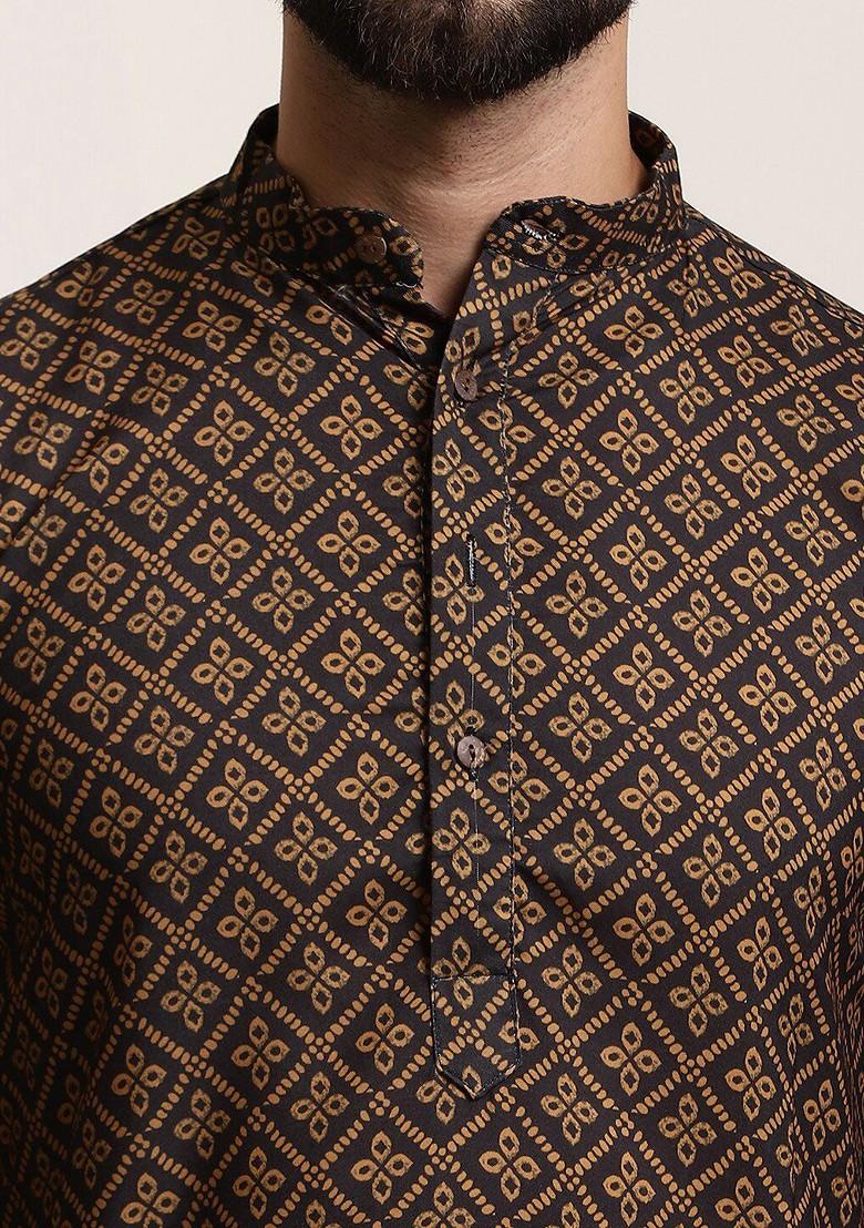 Black Ethnic Motifs Cotton Kurta For Men
