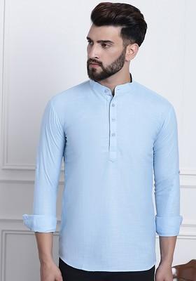 Blue Solid Cotton Kurta For Men