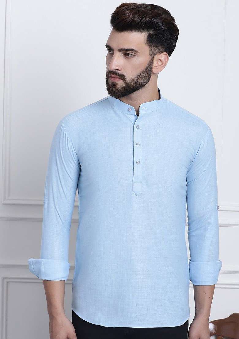 Blue Solid Cotton Kurta For Men - Indya