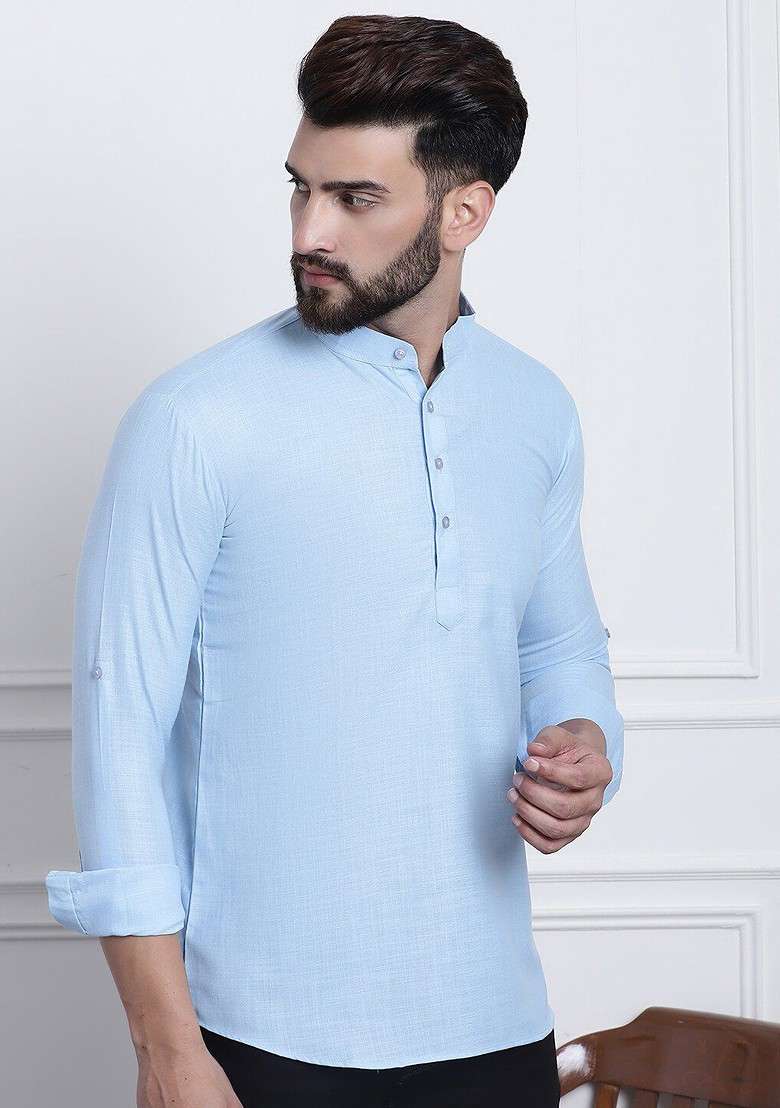 Blue Solid Cotton Kurta For Men - Indya