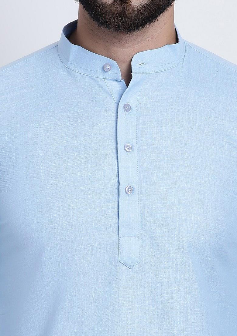 Blue Solid Cotton Kurta For Men