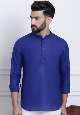 Blue Solid Cotton Kurta For Men