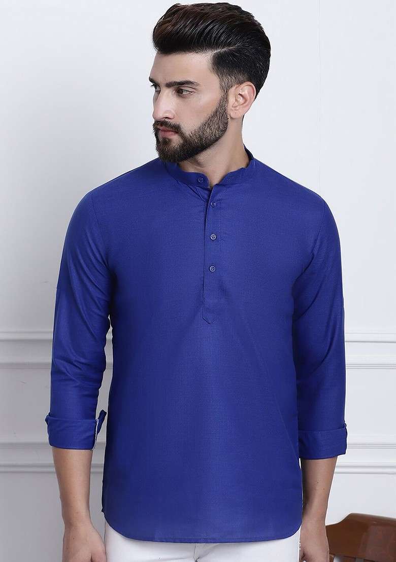Blue Solid Cotton Kurta For Men - Indya