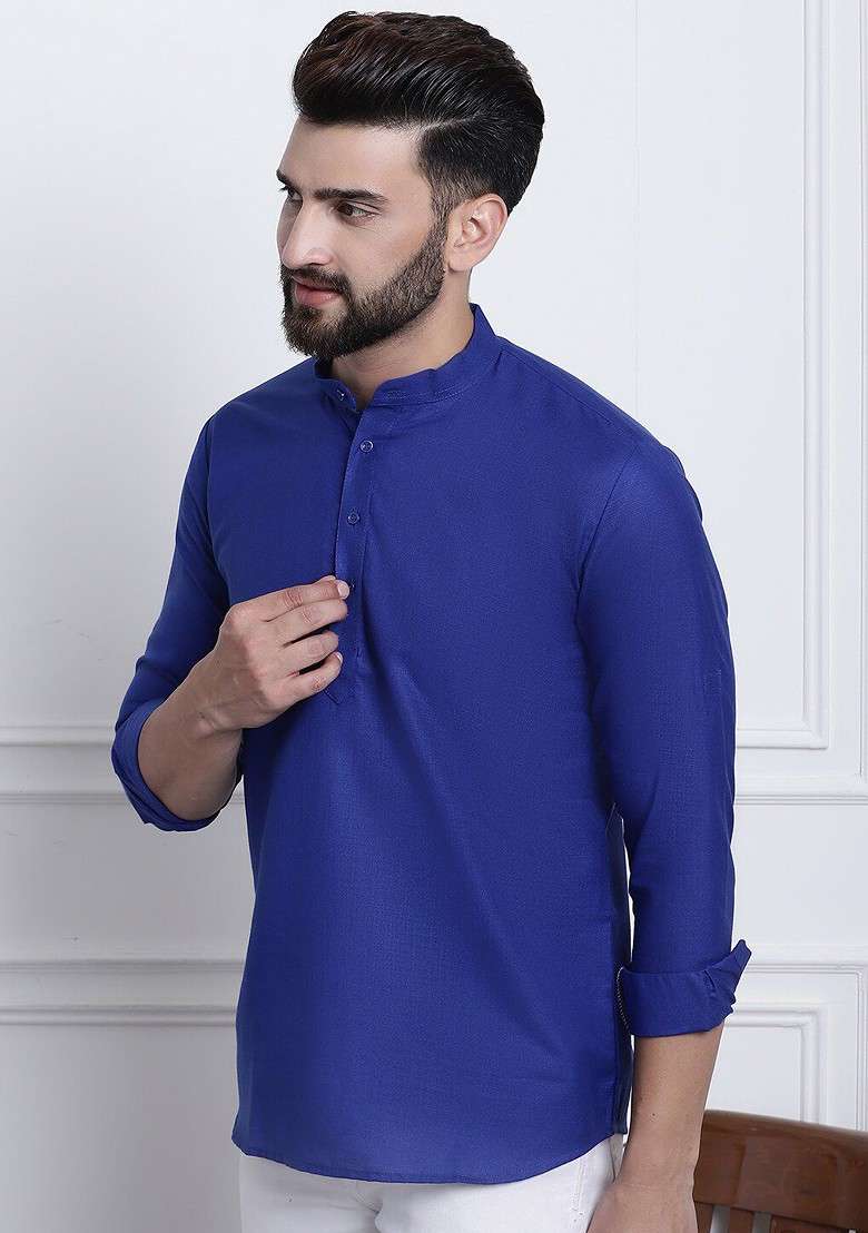 Blue Solid Cotton Kurta For Men - Indya