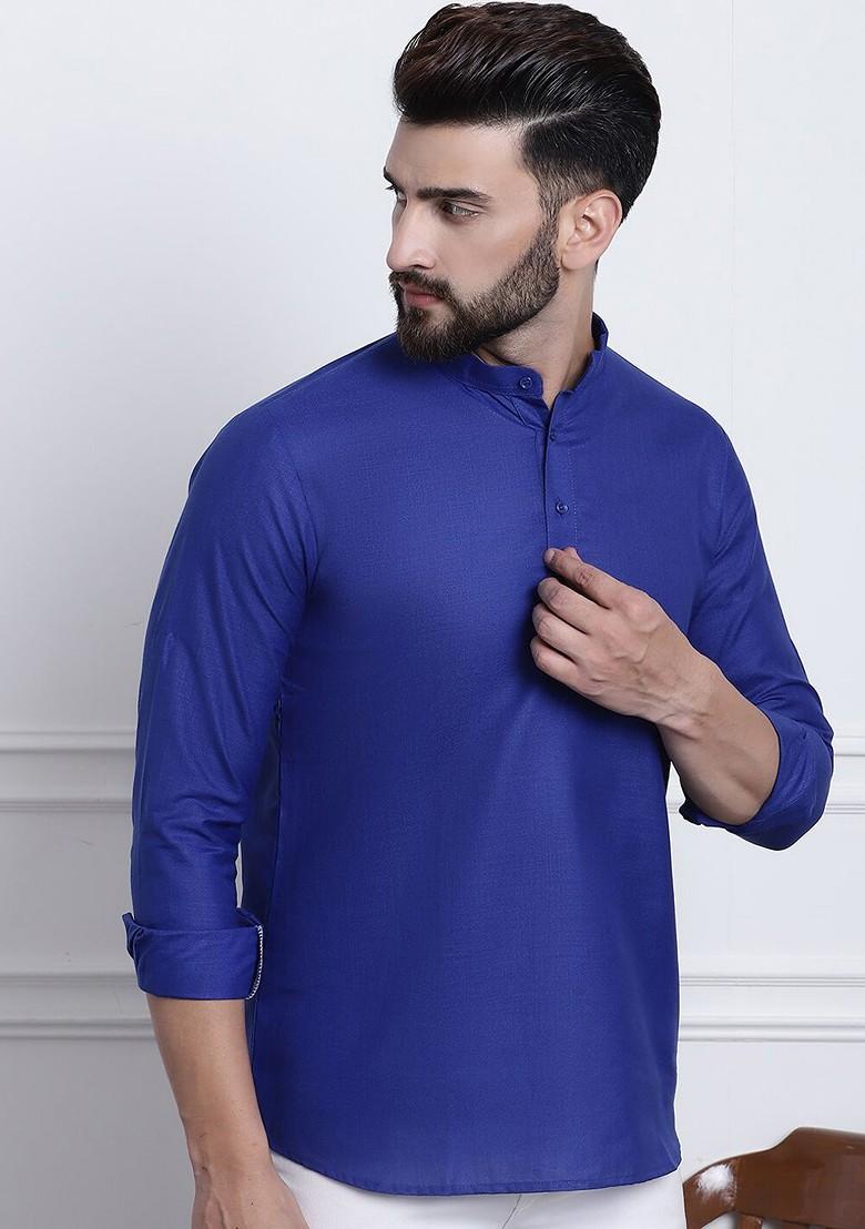 Blue Solid Cotton Kurta For Men
