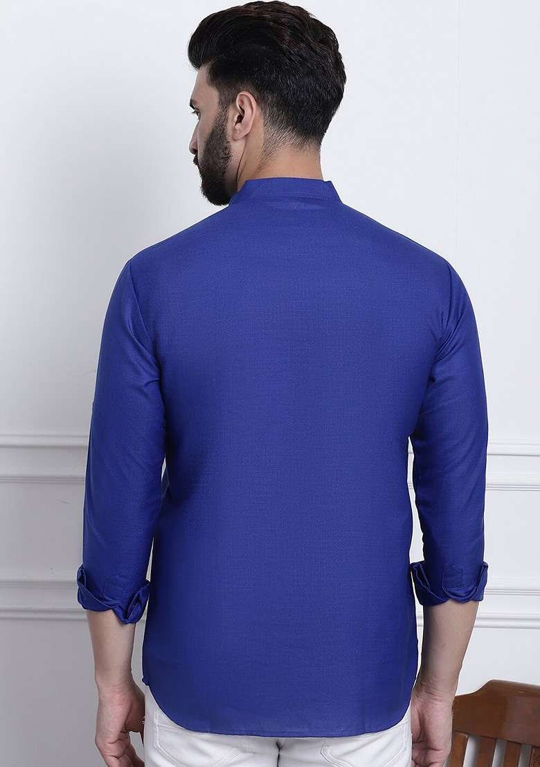Blue Solid Cotton Kurta For Men - Indya