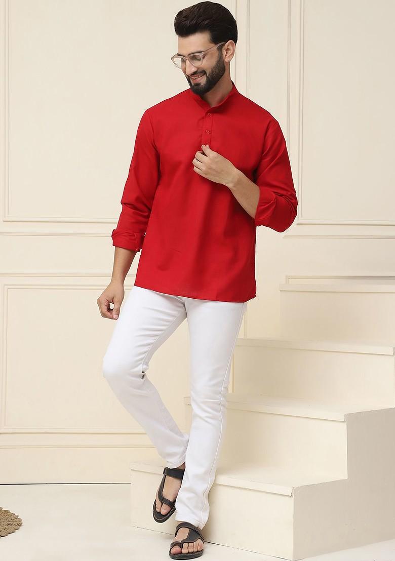 Red Solid Poly Blend Kurta For Men
