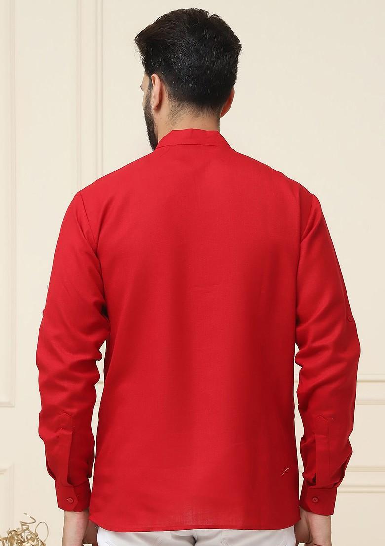 Red Solid Poly Blend Kurta For Men