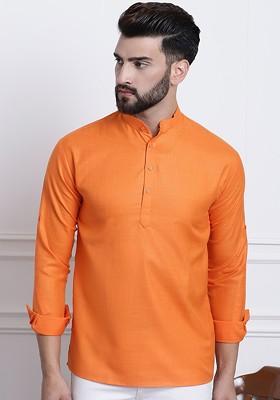 Orange Thread Work Poly Blend Kurta For Men