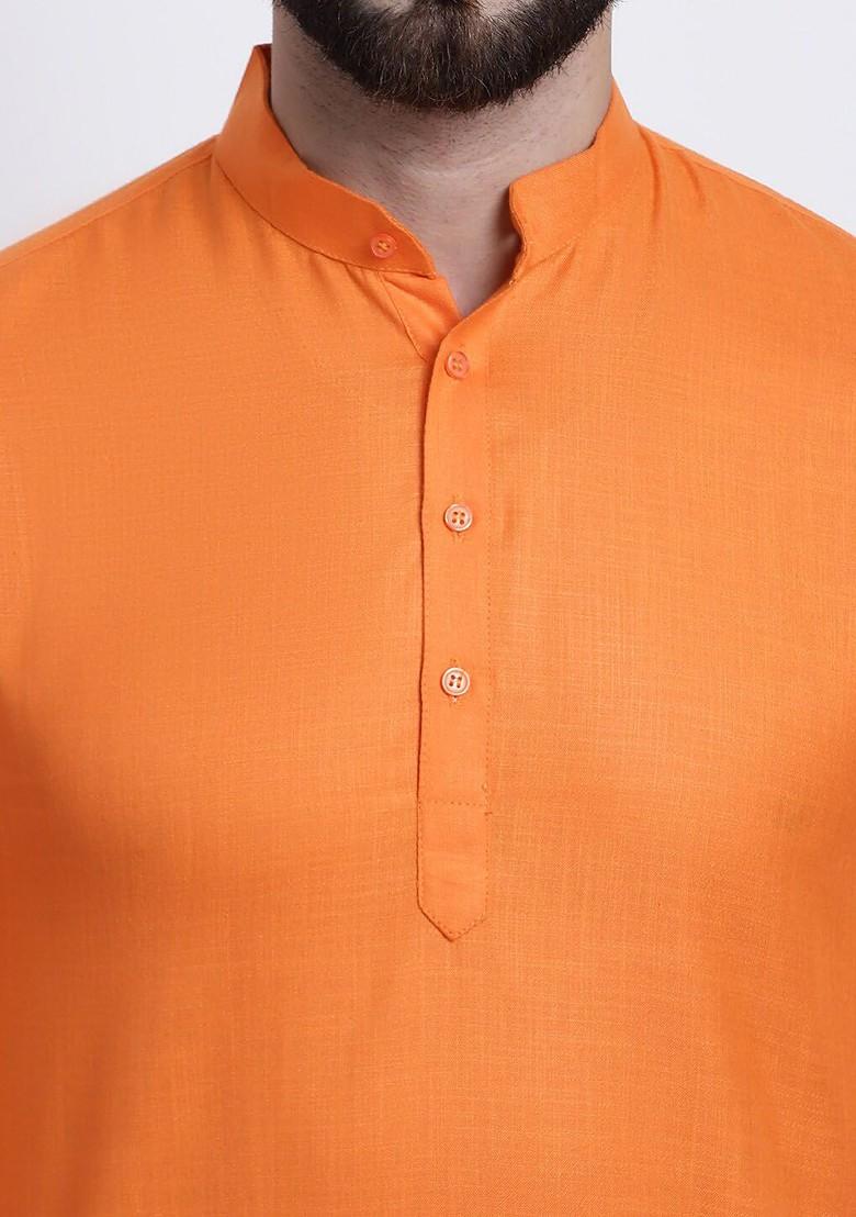 Orange Thread Work Poly Blend Kurta For Men