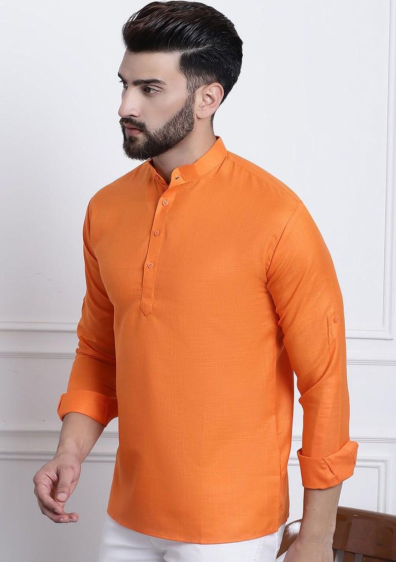 Orange Thread Work Poly Blend Kurta For Men