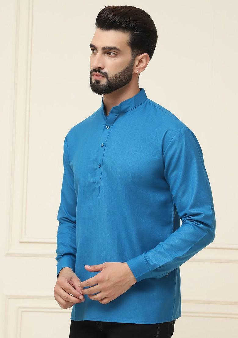 Blue Solid Poly Blend Kurta For Men