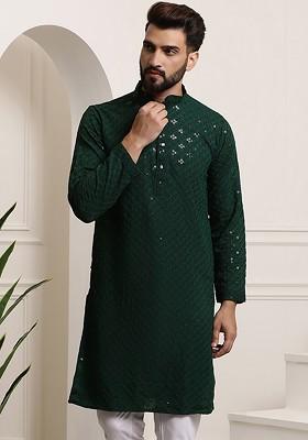 Green Thread Work Poly Blend Kurta For Men