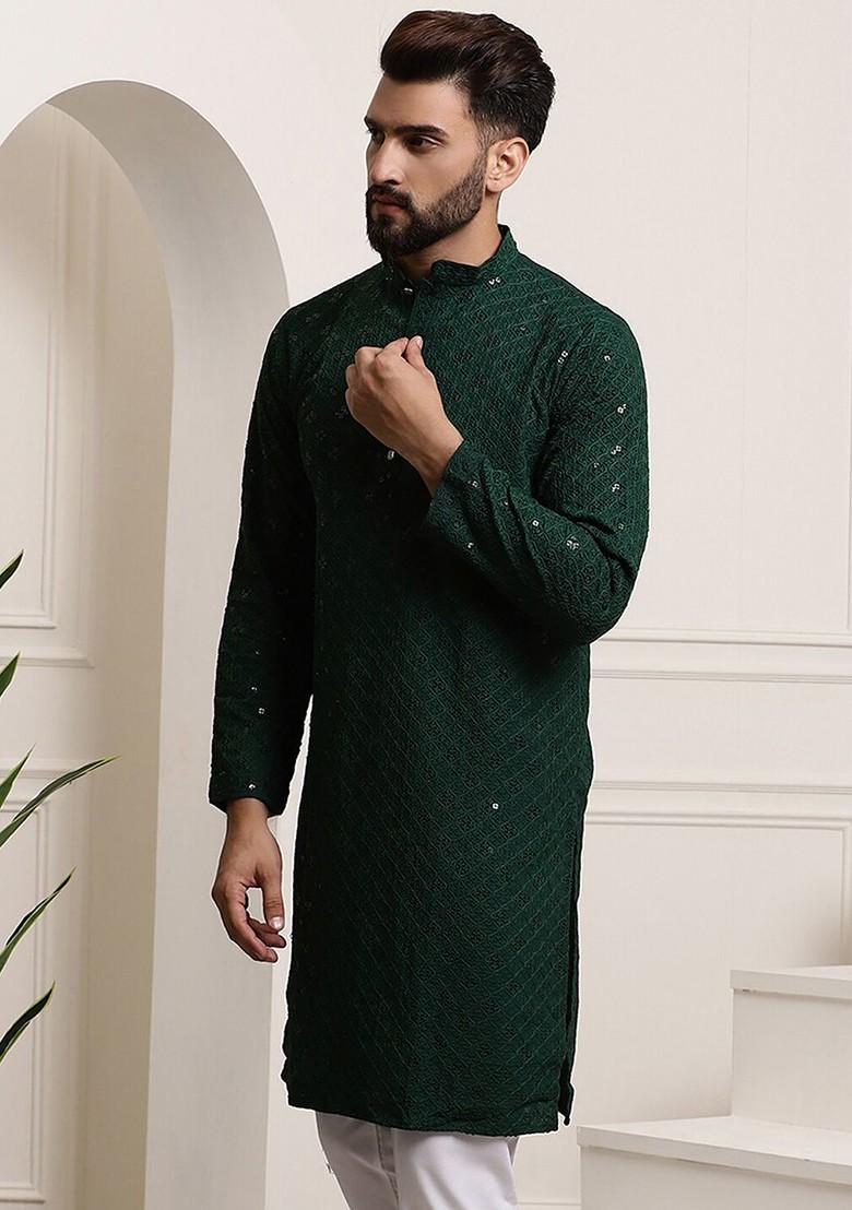 Green Thread Work Poly Blend Kurta For Men
