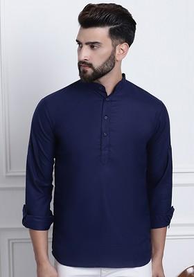 Navy Blue Solid Cotton Kurta For Men
