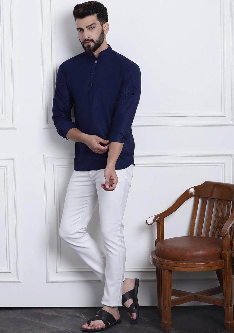 Navy Blue Solid Cotton Kurta For Men