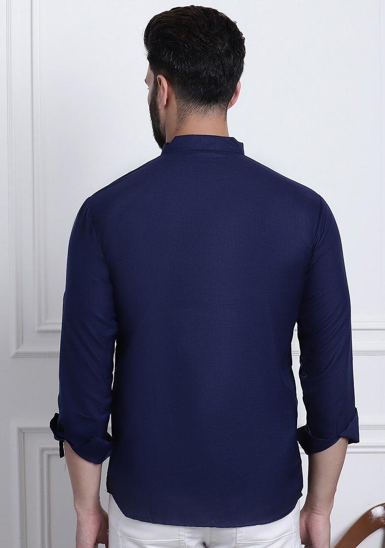 Navy Blue Solid Cotton Kurta For Men