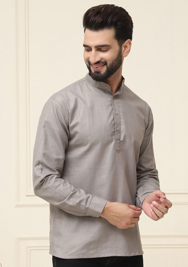 Grey Thread Work Poly Blend Kurta For Men