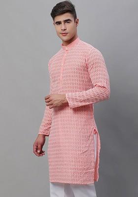 Peach Embroidered Cotton Kurta For Men
