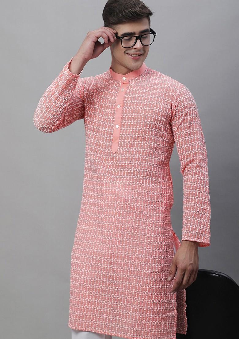 Peach Embroidered Cotton Kurta For Men