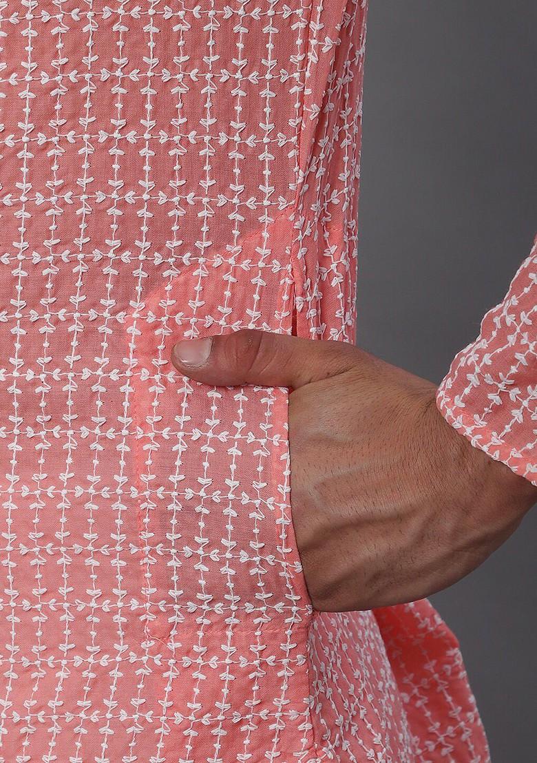 Peach Embroidered Cotton Kurta For Men