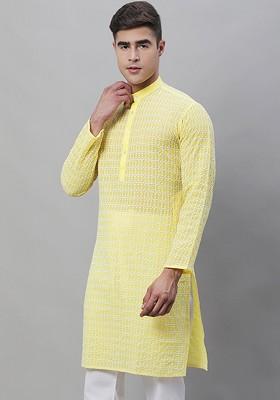 Yellow Embroidered Cotton Kurta For Men