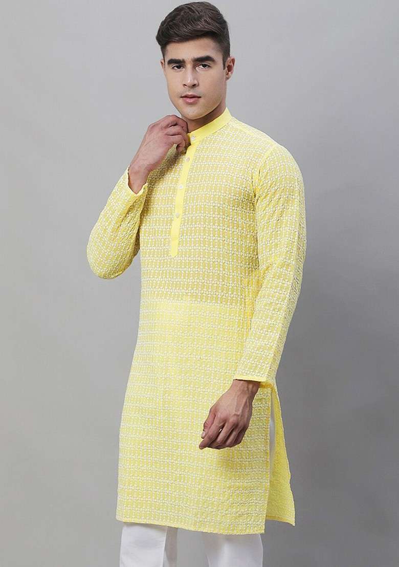 Yellow Embroidered Cotton Kurta For Men - Indya