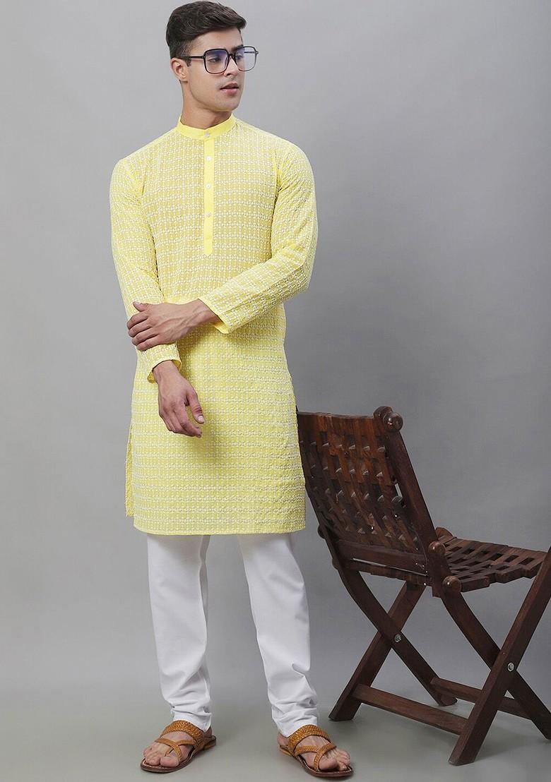 Yellow Embroidered Cotton Kurta For Men