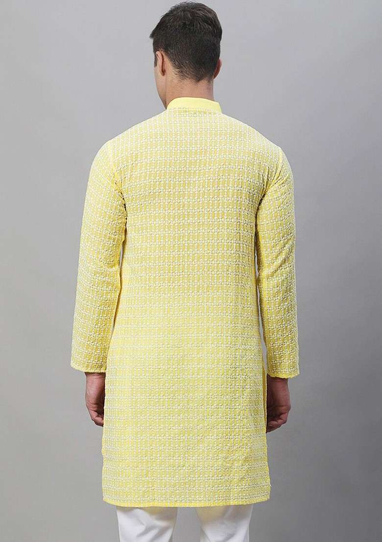 Yellow Embroidered Cotton Kurta For Men - Indya