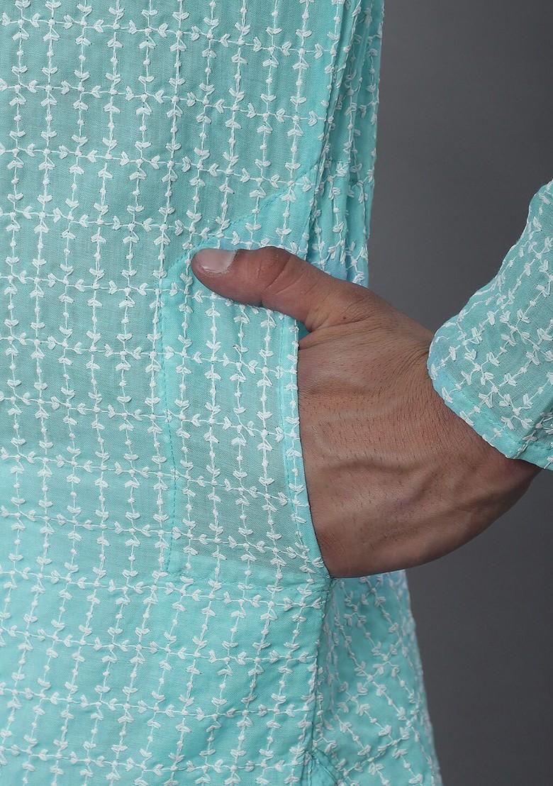Blue Thread Work Poly Blend Kurta For Men