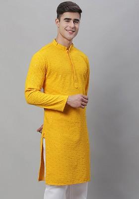 Mustard Embroidered Cotton Kurta For Men