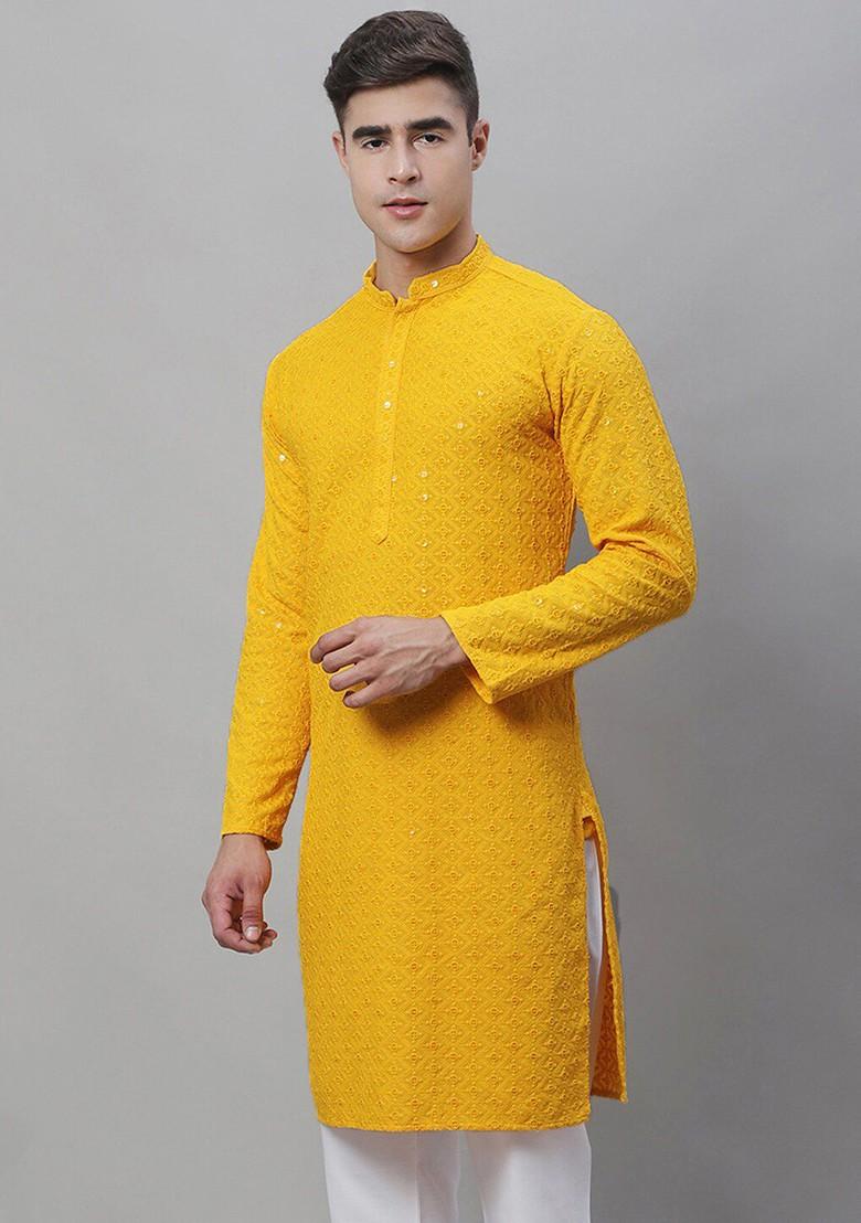 Mustard Embroidered Cotton Kurta For Men