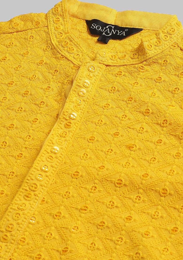Mustard Embroidered Cotton Kurta For Men