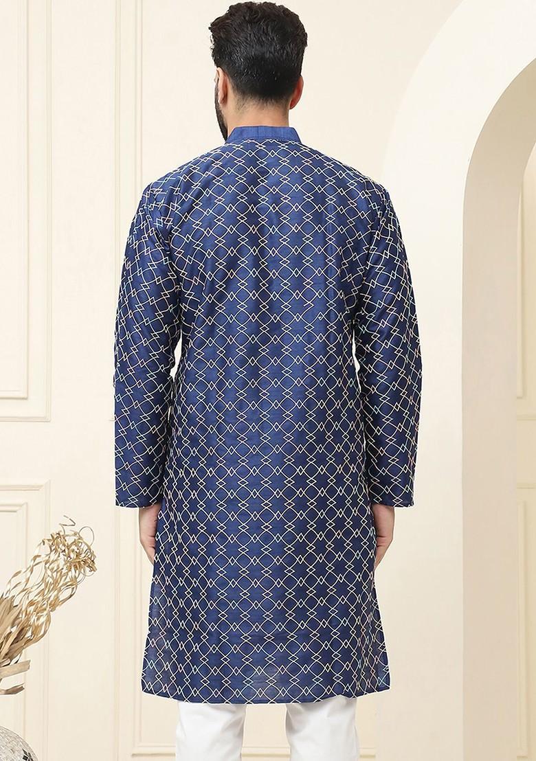 Navy Blue Embroidered Poly Blend Kurta For Men