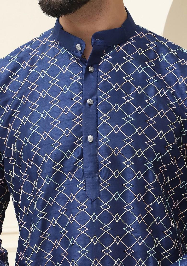 Navy Blue Embroidered Poly Blend Kurta For Men