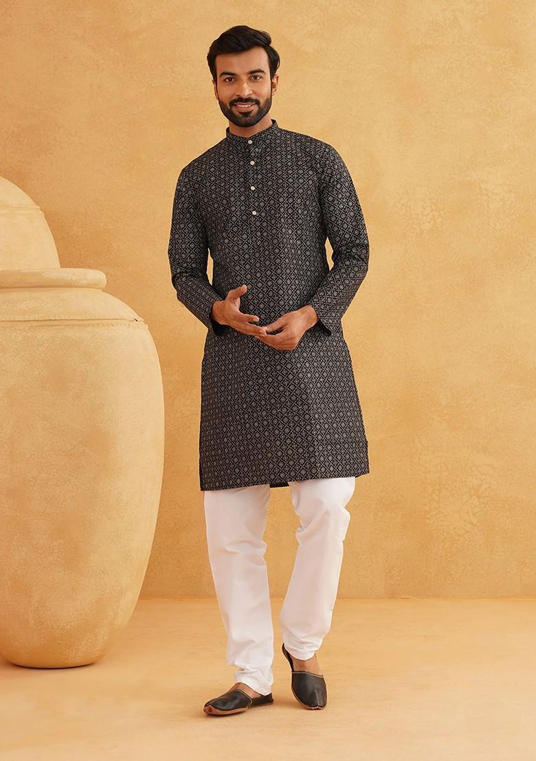 Black Printed Cotton Kurta For Men