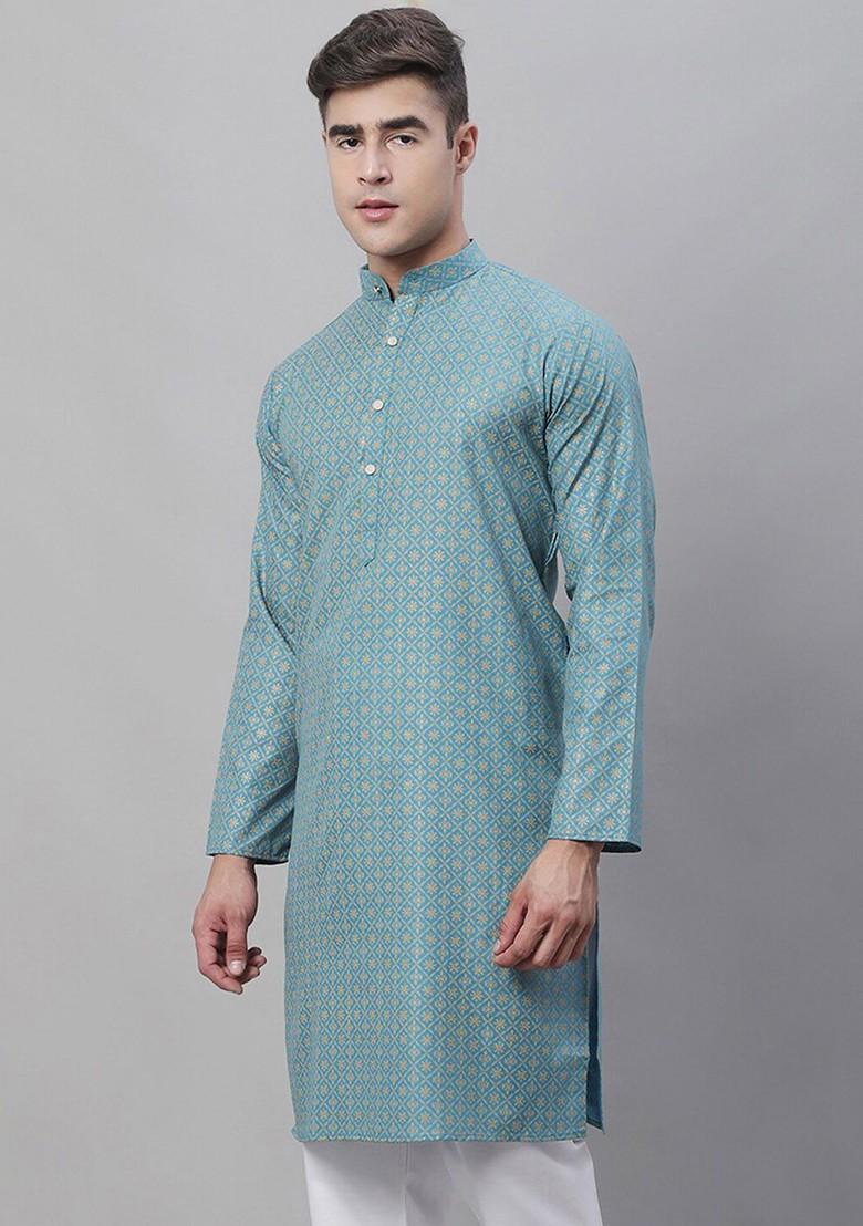 Teal Blue Printed Cotton Kurta For Men