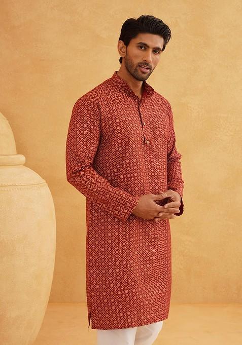 Maroon Printed Cotton Kurta For Men
