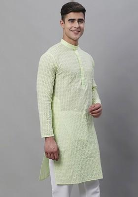 Green Thread Work Cotton Kurta For Men