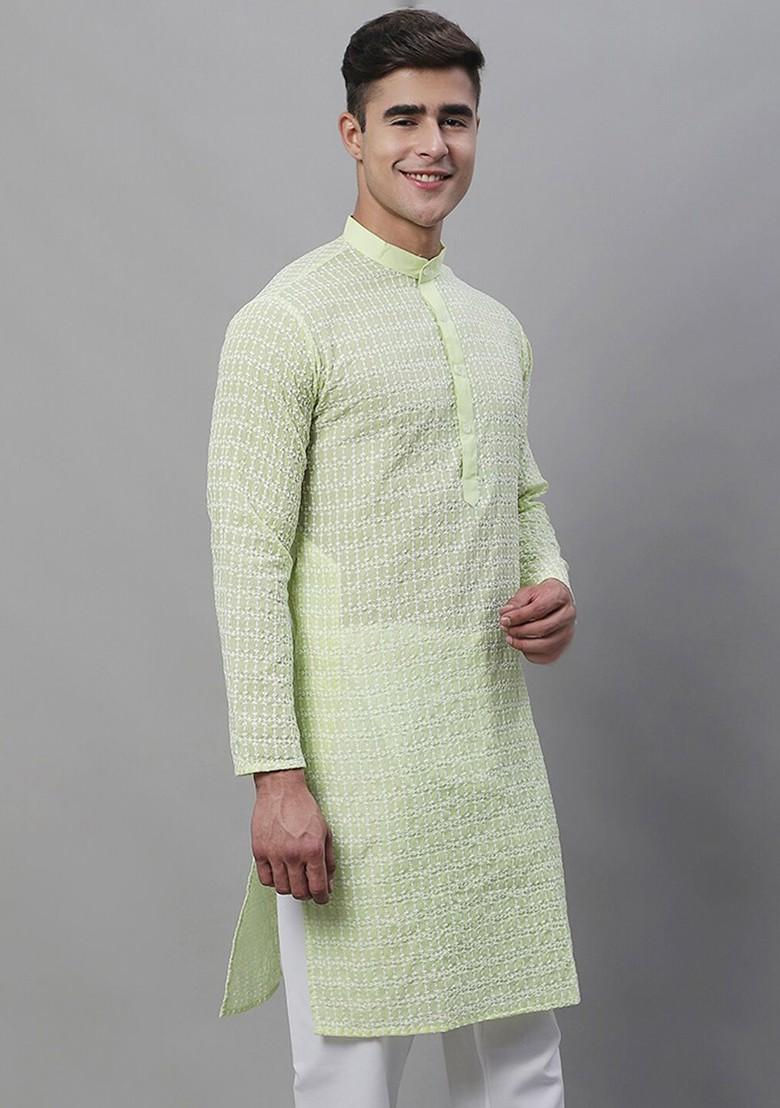 Green Thread Work Cotton Kurta For Men