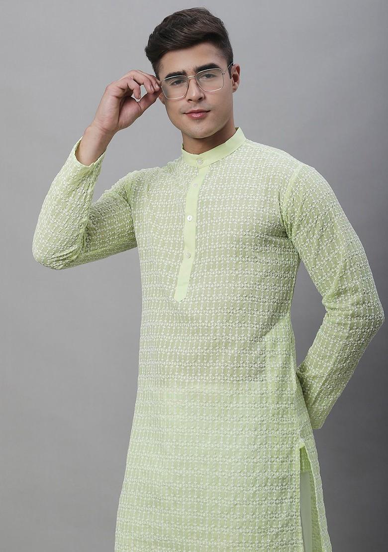 Green Thread Work Cotton Kurta For Men