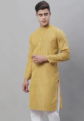 Mustard Ethnic Motifs Cotton Kurta For Men