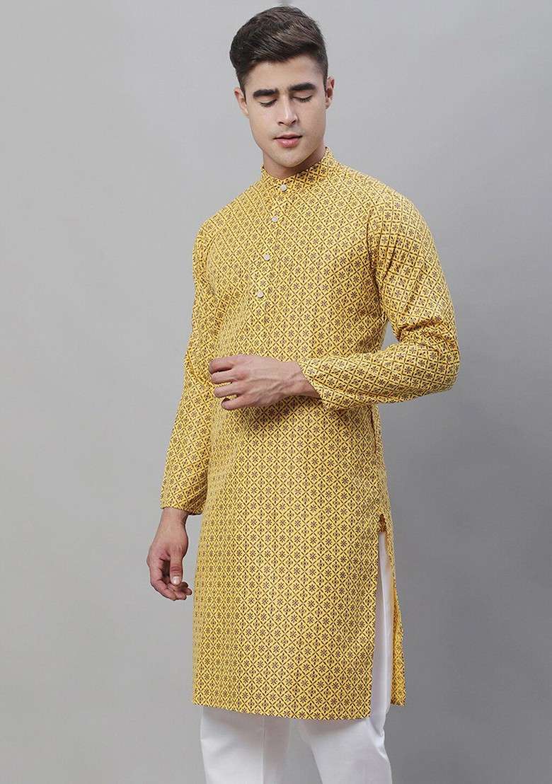 Mustard Ethnic Motifs Cotton Kurta For Men - Indya