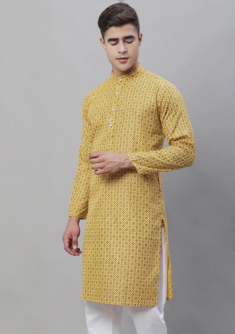 Mustard Ethnic Motifs Cotton Kurta For Men