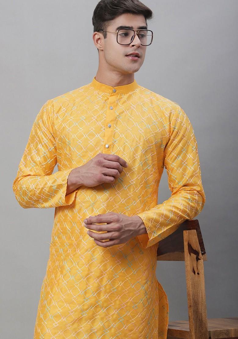 Mustard Thread Work Cotton Kurta For Men