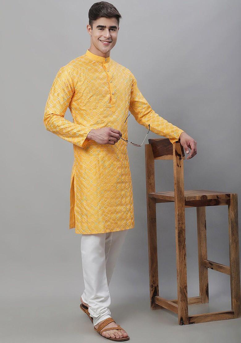 Mustard Thread Work Cotton Kurta For Men