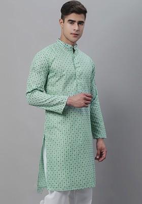 Sea Green Printed Cotton Kurta For Men